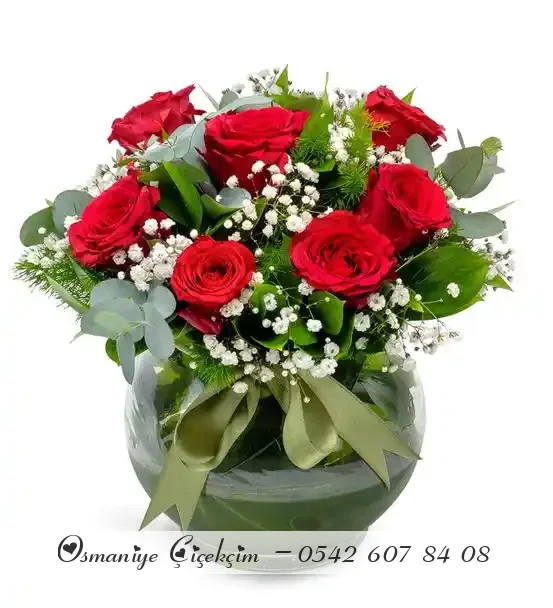 Cam Fanus Aşkın Adı 7 Kırmızı Güller Aranjmanı