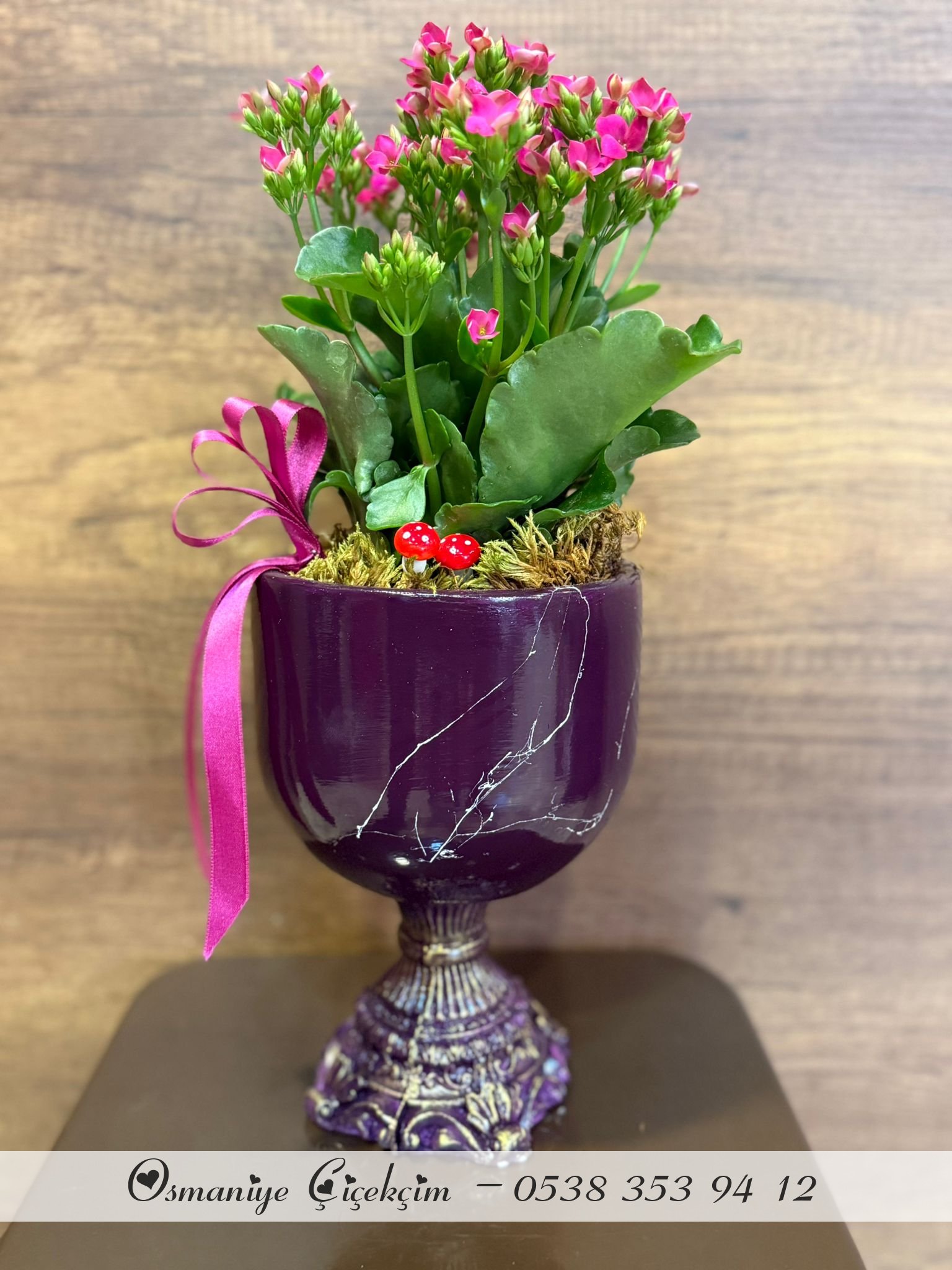 DEKORATİF AYAKLI SERAMİK İÇERİSİNDE PEMBE KALANCHOE