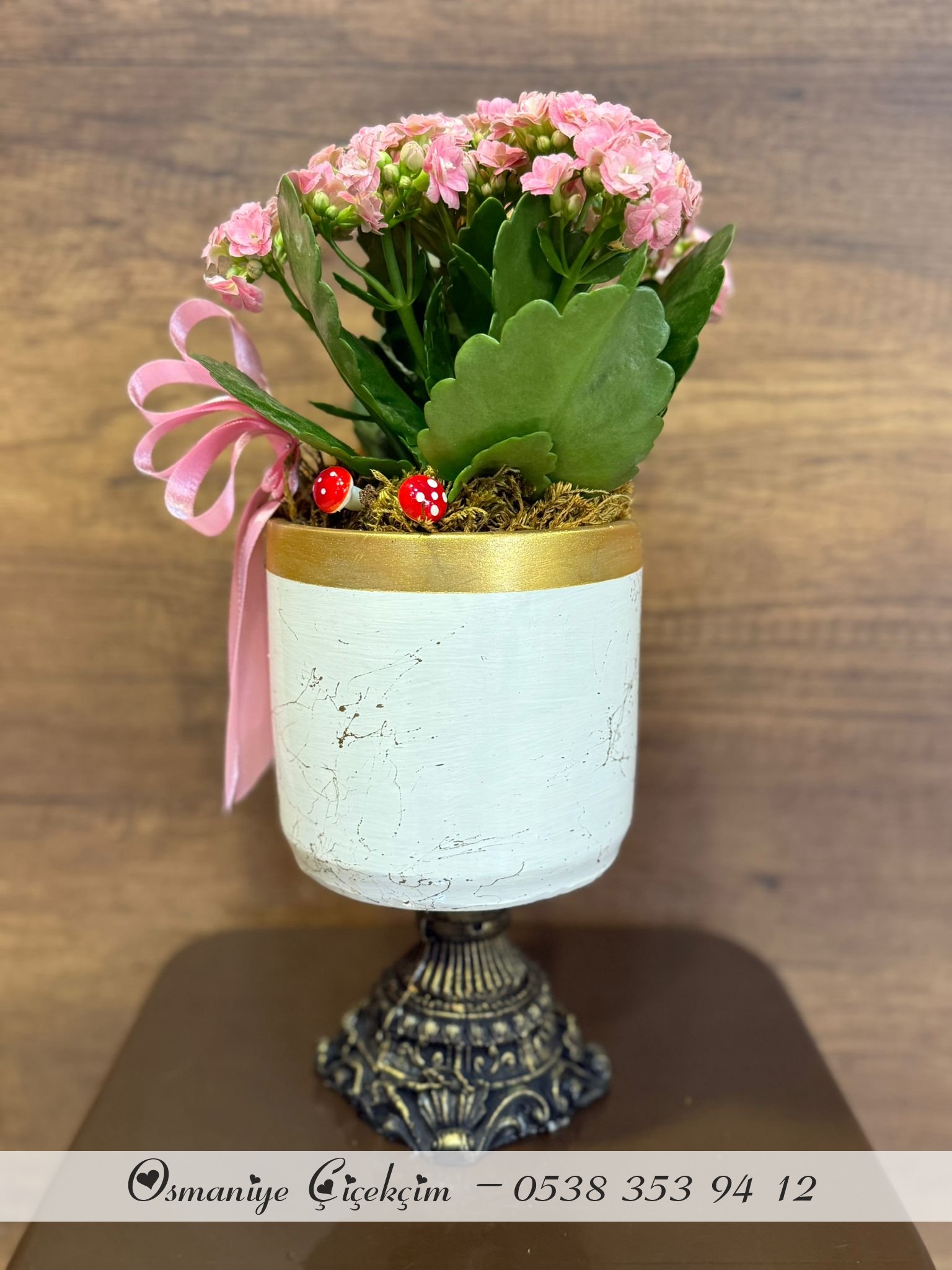 DEKORATİF AYAKLI SERAMİK İÇERİSİNDE PEMBE KALANCHOE