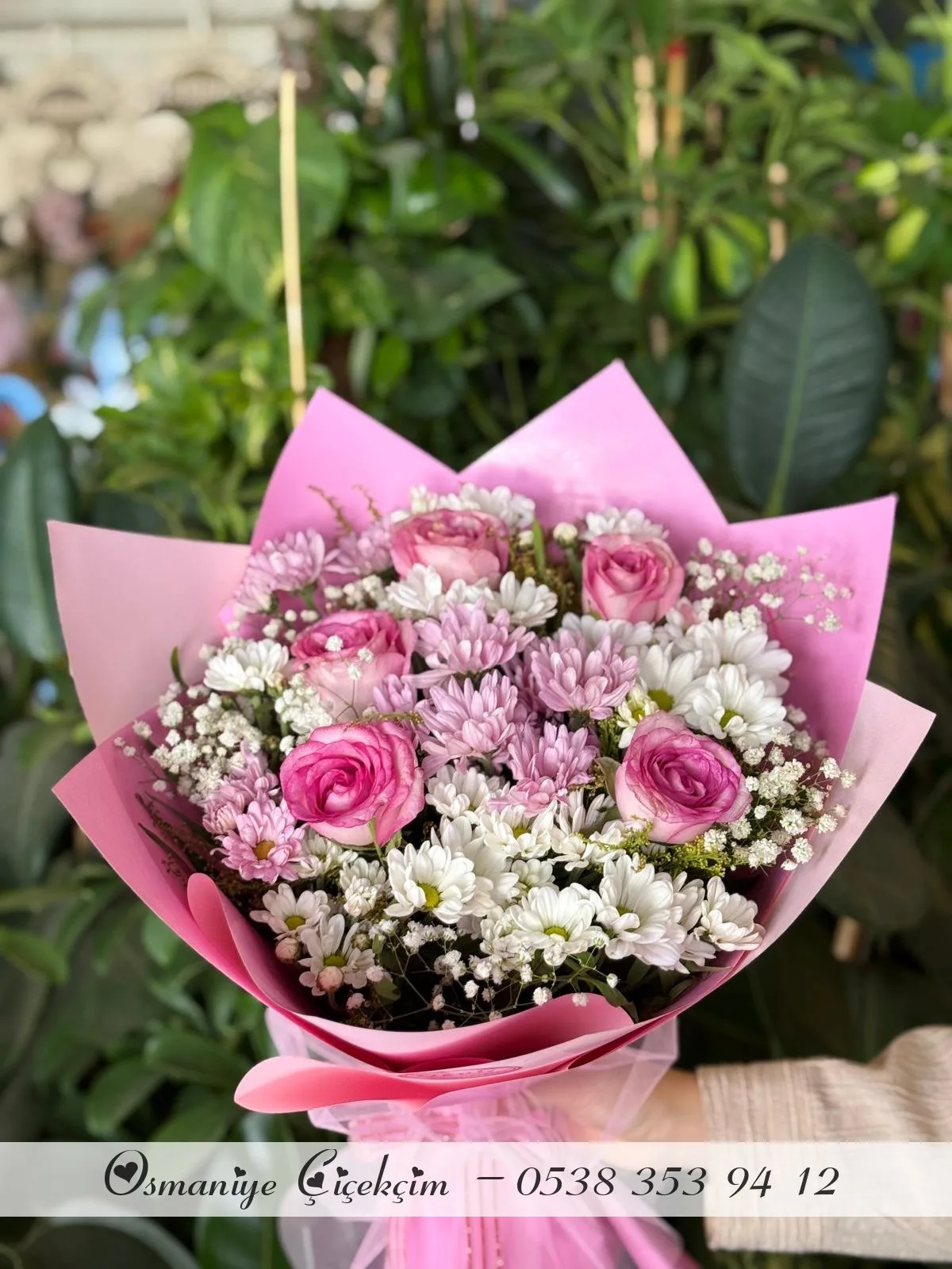 Pembe Gül Beyaz Papatyalar Buketi